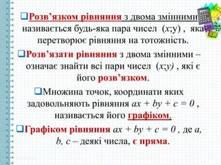 Розв’язком рівняння з двома змінними
називається будь-яка пара чисел (x;y) , яка
перетворює рівняння на тотожність.
Розв’язати рівняння з двома змінними –
означає знайти всі пари чисел (x;y) , які є
його розв’язком.
Множина точок, координати яких
задовольняють рівняння ax + by + c = 0 ,
називається його графіком.
Графіком рівняння ax + by + c = 0 , де a,
b, c – деякі числа, є пряма.
 