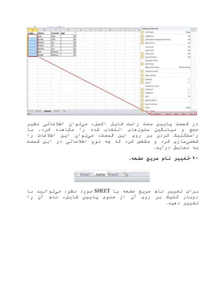 ‫می‬ ،‫اکسل‬ ‫فایل‬ ‫راست‬ ‫سمت‬ ‫پایین‬ ‫قسمت‬ ‫در‬‫نظیر‬ ‫اطالعاتی‬ ‫توان‬
‫سلول‬ ‫میانگین‬ ‫و‬ ‫جمع‬‫مشاهده‬ ‫را‬ ‫شده‬ ‫انتخاب‬ ‫های‬‫با‬ .‫کرد‬
‫راست‬‫می‬ ،‫قسمت‬ ‫این‬ ‫روی‬ ‫بر‬ ‫کردن‬ ‫کلیک‬‫را‬ ‫اطالعات‬ ‫این‬ ‫توان‬
‫شخصی‬‫قسمت‬ ‫این‬ ‫در‬ ‫اطالعاتی‬ ‫نوع‬ ‫چه‬ ‫که‬ ‫کرد‬ ‫مشخص‬ ‫و‬ ‫کرد‬ ‫سازی‬
‫درآید‬ ‫نمایش‬ ‫به‬.
۲۰-‫صفحه‬ ‫سریع‬ ‫نام‬ ‫تغییر‬.
‫یا‬ ‫صفحه‬ ‫سریع‬ ‫نام‬ ‫تغییر‬ ‫برای‬SHEET‫می‬ ،‫نظر‬ ‫مورد‬‫با‬ ‫توانید‬
‫پایین‬ ‫منوی‬ ‫از‬ ‫آن‬ ‫روی‬ ‫بر‬ ‫کلیک‬ ‫دوبار‬‫را‬ ‫آن‬ ‫نام‬ ،‫فایل‬
‫دهید‬ ‫تغییر‬.
 