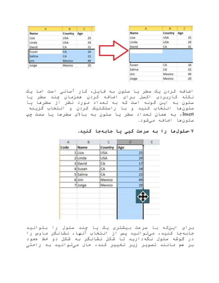 ‫به‬ ‫ستون‬ ‫یا‬ ‫سطر‬ ‫یک‬ ‫کردن‬ ‫اضافه‬‫یک‬ ‫اما‬ ‫است‬ ‫آسانی‬ ‫کار‬ ،‫فایل‬
‫یا‬ ‫سطر‬ ‫چند‬ ‫همزمان‬ ‫کردن‬ ‫اضافه‬ ‫برای‬ ‫اکسل‬ ‫کاربردی‬ ‫نکته‬
‫یا‬ ‫سطرها‬ ‫از‬ ‫نظر‬ ‫مورد‬ ‫تعداد‬ ‫به‬ ‫که‬ ‫است‬ ‫گونه‬ ‫این‬ ‫به‬ ‫ستون‬
‫ستون‬‫راست‬ ‫با‬ ‫و‬ ‫کنید‬ ‫انتخاب‬ ‫ها‬‫گزینه‬ ‫انتخاب‬ ‫و‬ ‫کردن‬ ‫کلیک‬
Insert‫چپ‬ ‫سمت‬ ‫یا‬ ‫سطرها‬ ‫باالی‬ ‫به‬ ‫ستون‬ ‫یا‬ ‫سطر‬ ‫تعداد‬ ‫همان‬ ‫به‬ ،
‫ستون‬‫ا‬ ‫ها‬‫می‬ ‫ضافه‬‫شود‬.
۷-‫سلول‬‫جابه‬ ‫یا‬ ‫کپی‬ ‫سرعت‬ ‫به‬ ‫را‬ ‫ها‬‫کنید‬ ‫جا‬.
‫این‬ ‫برای‬‫بتوانید‬ ‫را‬ ‫سلول‬ ‫چند‬ ‫یا‬ ‫یک‬ ‫بیشتری‬ ‫سرعت‬ ‫با‬ ‫که‬
‫جا‬‫به‬‫می‬ ،‫کنید‬ ‫جا‬‫را‬ ‫ماوس‬ ‫نشانگر‬ ،‫آنها‬ ‫انتخاب‬ ‫از‬ ‫پس‬ ‫توانید‬
‫نگه‬ ‫سلول‬ ‫گوشه‬ ‫در‬‫عمود‬ ‫خط‬ ‫دو‬ ‫شکل‬ ‫به‬ ‫نشانگر‬ ‫شکل‬ ‫تا‬ ‫دارید‬
‫کند‬ ‫تغییر‬ ‫زیر‬ ‫تصویر‬ ‫مانند‬ ‫هم‬ ‫بر‬‫می‬ ‫حال‬ ،‫راحتی‬ ‫به‬ ‫توانید‬
 