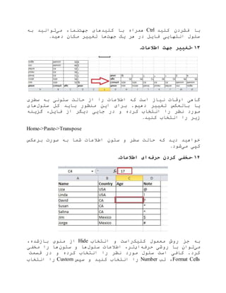 ‫کلید‬ ‫فشردن‬ ‫با‬Ctrl‫جهت‬ ‫کلیدهای‬ ‫با‬ ‫همراه‬‫می‬ ،‫نما‬‫به‬ ‫توانید‬
‫جهت‬ ‫یک‬ ‫هر‬ ‫در‬ ‫فایل‬ ‫انتهایی‬ ‫سلول‬‫دهید‬ ‫مکان‬ ‫تغییر‬ ‫ها‬.
۱۳-‫اطالعات‬ ‫جهت‬ ‫تغییر‬.
‫سطری‬ ‫به‬ ‫ستونی‬ ‫حالت‬ ‫از‬ ‫را‬ ‫اطالعات‬ ‫که‬ ‫است‬ ‫نیاز‬ ‫اوقات‬ ‫گاهی‬
‫بالعکس‬ ‫یا‬‫سلول‬ ‫کل‬ ‫باید‬ ‫منظور‬ ‫این‬ ‫برای‬ .‫دهیم‬ ‫تغییر‬‫های‬
‫گزینه‬ ،‫فایل‬ ‫از‬ ‫دیگر‬ ‫جایی‬ ‫در‬ ‫و‬ ‫کرده‬ ‫انتخاب‬ ‫را‬ ‫نظر‬ ‫مورد‬
‫کنید‬ ‫انتخاب‬ ‫را‬ ‫زیر‬.
Home->Paste->Transpose
‫برعکس‬ ‫صورت‬ ‫به‬ ‫شما‬ ‫اطالعات‬ ‫ستون‬ ‫و‬ ‫سطر‬ ‫حالت‬ ‫که‬ ‫دید‬ ‫خواهید‬
‫می‬ ‫کپی‬‫شود‬.
۱۴-‫حرفه‬ ‫کردن‬ ‫مخفی‬‫اطالعات‬ ‫ای‬.
‫معمو‬ ‫روش‬ ‫جز‬ ‫به‬‫کلیک‬ ‫ل‬‫انتخاب‬ ‫و‬ ‫راست‬Hide‫باز‬ ‫منوی‬ ‫از‬،‫شده‬
‫می‬‫حرفه‬ ‫روشی‬ ‫با‬ ‫توان‬‫ای‬‫سلول‬ ‫اطالعات‬ ،‫تر‬‫ستون‬ ‫و‬ ‫ها‬‫مخفی‬ ‫را‬ ‫ها‬
‫قسمت‬ ‫در‬ ‫و‬ ‫کرده‬ ‫انتخاب‬ ‫را‬ ‫نظر‬ ‫مورد‬ ‫سلول‬ ‫است‬ ‫کافی‬ .‫کرد‬
Format Cells‫تب‬ ،Number‫سپس‬ ‫و‬ ‫کنید‬ ‫انتخاب‬ ‫را‬Custom‫انتخاب‬ ‫را‬
 