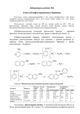 Лабораторна робота №6.
Синтез -нафтолоранжевого барвника
Реактиви: анілін (свіжоперегнаний)9,3 г (0,1 моль); -нафтол14,4 г (0,1 моль);
сульфатна кислота, концентрована 12,0 г (0,11 моль); нітрит натрію 7,0 г (0,1 моль);
гідроксид натрію 6,0 г (0,15 моль).
Обладнання: хімічний стакан на 100 мл, конічні колби на 250 і 500 мл,
кристалізатор, крапельна лійка, штатив Бунзена, колба Бунзена, скляна паличка,
фільтрувальний папір, індикаторні папірці (конго, йодкрохмальний).
-Нафтолоранжевий (жировий оранжевий) барвник – оранжеві
кристали, погано розчинні в холодній воді, краще в гарячій воді, (табл. 2).
-Нафтолоранжевий барвник добувають діазотуванням аніліну з
наступним азосполученням добутої солі діазонію з лужним розчином –
нафтолу. Отже, діазоскладовою-нафтолоранжевого барвника є анілін,
азоскладовою – -нафтол:
NH2
NaNO2
+ H2
SO4
SO4
+ Na2
SO4
+ H2
O
N N +
2-
;2+ 22 4
2
OH
NaOH H2
О
ONa
;+ +
ONa
SO4
N N
Na2
SO4
OH
NN
.
2-
+
2
+ +22
Таблиця 2.Фізичні константи вихідних речовин і продуктів реакції
Речовина Формула
Молеку-
лярна
маса
Густи-
на,
г/см3
Температура,
°С
Розчинність,
г /100 мл
плавлен-ня кипіння вода спирт ефір
Анілін C6H5NH2 93,1 1,02 -6,1 184,4 3,4 ∞ ∞
-Нафтол C10H7OH 144,17 1,21 122 286 0,074 12,5 76,9
Сульфатна кислота Н2SO4 98,0 1,83 10,4 330 р. реаг. –
Нітрит натрію NaNO2 69,0 2,16 271 роз>320 82.9 в. р. –
Гідроксид натрію NаОН 40,0 2,13 320 1390 10720
в. р. н. р.
-Нафтолоранжевий
барвник
C16H12ON4 248 – – – в. р. р. –
Хід роботи. Діазотування аніліну. У конічній колбі місткістю 250 мл до
40 мл дистильованої води, 50 г льоду і 12 г концентрованої сульфатної кислоти
 