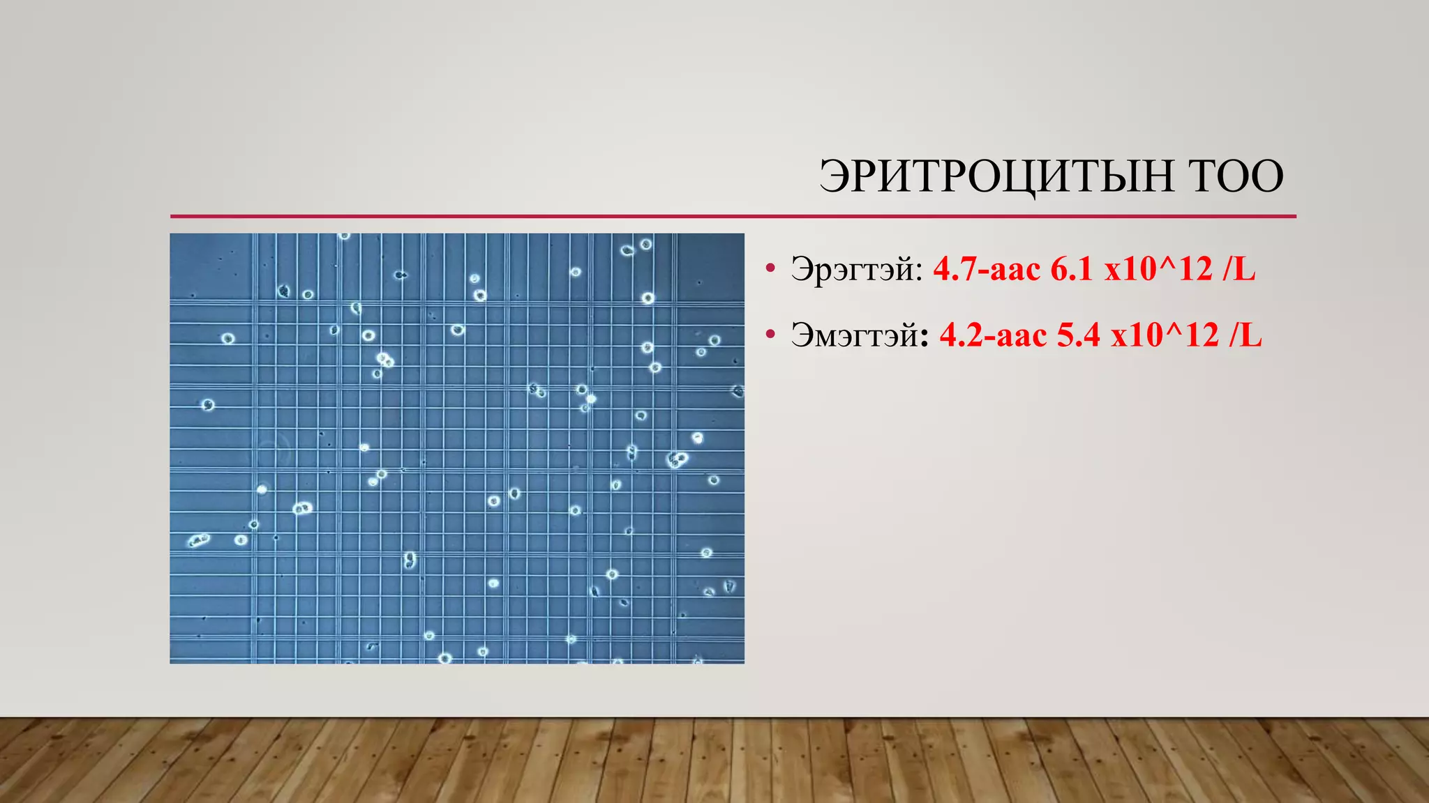 ЭРИТРОЦИТЫН ТОО
• Эрэгтэй: 4.7-аас 6.1 x10^12 /L
• Эмэгтэй: 4.2-аас 5.4 x10^12 /L
 