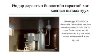 Өндөр даралтын биологийн гаралтай хог
хаягдал шатаах зуух
Шатаах зуух 900-1100 С-д
биологийн гаралтай хог хаягдлыг
шатаах хүчин чадалтай. Нэмэлт
үлээх болон сорох сэнстэй,
темпратур ихэсгэх, утааг дахин
шатаах зориулалтын 4 дезил
буутай.
 