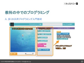 © 2018 特定非営利活動法人みんなのコードinfo@code.or.jp
教科の中でのプログラミング
22
A. 多くの汎用プログラミング入門教材
 
