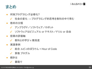© 2018 特定非営利活動法人みんなのコードinfo@code.or.jp
まとめ
32
● 何故プログラミング必修化?
✓ 社会の変化 → プログラミング的思考を教科の中で育む
● 教材の分類
✓ アンプラグド／ソフトウェア／ロボット
✓ ソフトウェアはビジュアル or テキスト／ドリル or 自由
● 授業の評価軸
✓ 教科との学び x 難易度
● 実践事例
✓ 総合 ルビィのぼうけん + Hour of Code
✓ 算数 プログル
● 続きは
✓ 書籍で
 