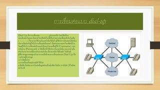 การเชื่อมต่อแบบ dial-up
Dial Up คือ การเชื่อมต่อ Internetรูปแบบหนึ่ง โดยใช้เครื่อง
คอมพิวเตอร์บุคคลกับสายโทรศัพท์บ้านที่เป็นสายตรงต่อเชื่อมเข้ากับโมเด็ม
(Modem) ก็สามารถใช้งานอินเตอร์เน็ตได้แล้ว ผู้ใช้บริการอินเตอร์เน็ตต้อง
ทาการติดต่อกับผู้ให้บริการเชื่อมต่ออินเตอร์ เน็ตผ่านหมายเลขโทรศัพท์บ้าน
โดยผู้ให้บริการเชื่อมต่ออินเตอร์เน็ตจะกาหนดชื่อผู้ใช้ (Username) และ
รหัสผ่าน (Password) มาให้เพื่อเข้าใช้บริการอินเตอร์เน็ต เหมาะอย่างยิ่ง
สาหรับหน่วยงานที่มีงบประมาณจากัด เนื่องจากมีค่าใช้จ่ายต่า ไม่ต้องมี
ผู้เชี่ยวชาญมาคอยดูแลรักษาระบบข้อดีของการเชื่อมต่อแบบ Dial-Up คือ
1.อุปกรณ์มีราคาถูก
2.การติดตั้งง่าย
3.การเคลื่อนย้ายอุปกรณ์ทาได้ง่าย
4.ข้อเสีย คืออัตราการรับส่งข้อมูลค่อนข้างต่าเพียงไม่เกิน 56 kbit (กิโลบิต)
ต่อวินาที
 