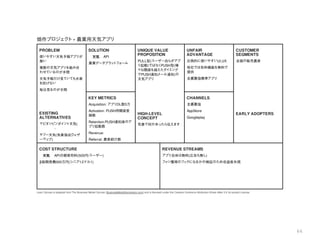 66
畑作プロジェクト - 農業⽤天気アプリ
Lean Canvas is adapted from The Business Model Canvas (BusinessModelGeneration.com) and is licensed under the Creative Commons Attribution-Share Alike 3.0 Un-ported License.
PROBLEM
使いやすい天気予報アプリが
無い
複数の天気アプリを組み合
わせているのが⼿間
天気予報だけ⾒ていても⽔害
を防げない
毎⽇⾒るのが⼿間
EXISTING
ALTERNATIVES
マピオンピンポイント天気(
ハレックス)
ヤフー天気(気象協会、ウェザ
ーマップ)
SOLUTION
ハレックスAPI
農業データプラットフォーム
UNIQUE VALUE
PROPOSITION
PULL型(ユーザー⾃らがアプ
リ起動)ではなくPUSH型(様
々な閾値を超えたタイミング
でPUSH通知、メール通知)の
天気アプリ
HIGH-LEVEL
CONCEPT
気象で何かあったら伝えます
UNFAIR
ADVANTAGE
圧倒的に使いやすいUI,UX
他社では有料機能を無料で
提供
全農・農協標準アプリ
CUSTOMER
SEGMENTS
全国の販売農家
EARLY ADOPTERS
KEY METRICS
Acquisition: アプリDL数5万
Activation: PUSH⽤閾値登
録数
Retention:PUSH通知後のア
プリ起動数
Revenue:
Referral: 農家紹介数
CHANNELS
全農
・
農協
AppStore
Googleplay
COST STRUCTURE
ハレックスAPI⽉額使⽤料(500円/ユーザー)
β版開発費：300万円(シニア1、ミドル1)
REVENUE STREAMS
アプリ⾃体は無料(広告も無し)
ファン獲得のフックになるかの検証のため収益度外視
 