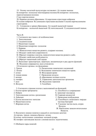 19. Основу скелетной мускулатуры составляют: А) гладкие мышцы
Б) поперечно- полосатые многоядерные волокна В) поперечно -полосатые,
переплетающиеся волокна
Г) все перечисленное.
20. Нервные волокна образованы: А) короткими отростками нейронов
Б) телами нейронов В) длинными отростками-аксонами Г) всеми перечисленными
структурами.
21. Сухожилия и хрящи образованы: А) гладкой мышечной тканью
Б) поперечно – полосатой мышечной В) эпителиальной Г) соединительной тканью.
Часть В.
1. Соотнесите вид ткани с её особенностями:
1. Эпителиальная
2. Соединительная
3. Мышечная гладкая
4. Мышечная поперечно- полосатая
5. Нервная
А. Межклеточное вещество развито, содержит волокна.
Б. Обладает свойством сократимости
В. Образует покровы и железы, межклеточное вещество развито слабо.
Г. Обладает свойством возбудимости.
Д. Образует мышечный слой сердца
Е. Выполняет транспортную, защитную, механическую и ряд других функций.
Ж. Медленно сокращается, мало утомляется.
2.Соотнесите органы с их функциями:
1. Трахея А. Расщепление химических соединений
2. Легкие Б. Всасывание химических веществ в кровь
3. почки В. Фильтрация крови
4. тонкая кишка Г. Проведение воздуха
5. яичник Д. образование половых клеток
6. гипофиз Е. Управление деятельностью организма
7. мозг Ж. Выделение гормонов
8. Желудок З. Газообмен.
3. Соотнесите строение клетки с выполняемой ею функцией:
1. Клетки крови-эритроциты А. способность к сокращению
2. Нейрон Б. транспорт кислорода
3. Эпителиальная клетка с ресничками В. Секреция жидкостей
4. Лейкоцит Г. Проведение возбуждения
5. Клетка железистого эпителия Д. Способность захватывать твердые
6. Мышечная клетка частицы бактерий
7. Жировая клетка Е. Удаление частиц пыли, согрев
Воздуха
Ж. Накопление запасов питательных
Веществ.
4. Исключите лишнее понятие в каждой из логических цепочек:
А) гортань- трахея- пищевод-бронхи- легкие.
Б) почки- мочеточники- семенники- мочевой пузырь
В) гипофиз- щитовидная железа- слюнная железа- надпочечники.
5. Обобщите пары понятий:
14
 