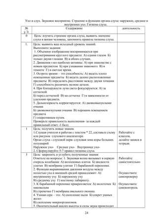 Ухо и слух. Звуковое восприятие. Строение и функции органа слуха: наружное, среднее и
внутреннее ухо. Гигиена слуха.
№
у.Э.
Содержание деятельность
0 Цель: изучить строение органа слуха, выявить значение
слуха в жизни человека, запомнить правила гигиены слуха.
1. Цель: выявить ваш исходный уровень знаний.
Выполните задания:
1. Объемное изображение воспринимается при
рассматривании круглого предмета: А) одним глазом Б)
только двумя глазами В) в обоих случаях.
2. Движения глаз наиболее активны: А) при знакомстве с
новым предметом Б) при узнавании знакомого В) в
темноте Г) в светлое время.
3. Острота зрения – это способность: А) видеть плохо
освещенные предметы Б) видеть далеко расположенные
предметы В) определять расстояние между двумя точками
Г) способность различать мелкие детали.
4. При близорукости лучи света фокусируются: А) за
сетчаткой
Б) перед сетчаткой В) на сетчатке Г) в зависимости от
удаления предмета.
5. Дальнозоркость корректируется: А) двояковыпуклыми
очками
Б) двояковогнутыми очками В) хорошим освещением
предмета
Г) оперативным путем.
Проверьте правильность выполнения- за каждый
правильный ответ -1 балл.
1 Цель: получить новые знания.
1.Слушая учителя и работая с текстом * 22, составьте схему
или рисунок слухового анализатора:
Орган слуха - слуховой нерв- слуховая зона коры больших
полушарий
Наружное ухо- Среднее ухо- Внутреннее ухо-
2. Сформулируйте 5-7 правил гигиены слуха.
Работайте с
классом,
делайте записи в
тетради.
3 Цель: закрепить и углубить полученные знания:
Ответьте на вопросы: 1. Звуковая волна вызывает в первую
очередь колебания: А) волосковых клеток Б) жидкости
улитки В) мембраны улитки Г) барабанной перепонки.
2. Функция выравнивания давления воздуха между
полостью уха и внешней средой принадлежит: А)
внутреннему уху Б) наружному уху
В) среднему уху Г) костному лабиринту.
3. К барабанной перепонке прикрепляется: А) молоточек Б)
наковальня
В) стремечко Г) мембрана овального окошка.
4. Ушная сера – это: А) скопление пыли Б) секрет ушных
желез
В) скопление микроорганизмов.
5. Окончательный анализ высоты и силы звука происходит
Работайте
самостоятельно
Осуществите
самопроверку
Осуществите
самоконтроль
24
 