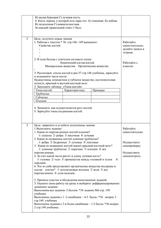 В) малая берцовая Г) лучевая кость.
4. Кость черепа, у которой есть пара-это: А) теменная Б) лобная
В) затылочная Г) нижнечелюстная.
За каждый правильный ответ-1 балл.
2 Цель: получить новые знания.
1. Работая с текстом * 36 стр.146- 149 выпишите:
Свойства костей:
-
-
-
2. В ходе беседы с учителем составьте схему:
Химический состав костей
Минеральные вещества Органические вещества
- -
3. Рассмотрев спилы костей и рис.57 стр.146 учебника, зарисуйте
и подпишите части кости:
Надкостница, компактное и губчатое вещество, костномозговая
полость, красный и желтый костный мозг.
3. Заполните таблицу: «Типы костей»
Типы костей Характеристика Примеры
Трубчатые
Губчатые
Плоские
4. Запишите, как осуществляется рост костей.
5. Зарисуйте типы соединения костей.
Работайте
самостоятельно,
делайте записи в
тетради.
Работайте с
классом
3 Цель: закрепить и углубить полученные знания:
1.Выполните задание:
1. Какие из перечисленных костей плоские?
1 лопатка 2 ребра 3 височная 4 лучевая
2. Какие из названных костей длинные трубчатые?
1 ребра 2 бедренные 3 лучевые 4 локтевые
3. Какие из названных костей имеют красный костный мозг?
1 длинные трубчатые 2 короткие 3 плоские 4 все
перечисленные.
4. За счет какой части растет в длину лучевая кость?
1 головка 2 тело 3 промежуток между головкой и телом 4
середина
6. Что из себя представляют органические вещества входящие в
состав клетки? 1 коллагеновые волокна 2 вода 3 все
перечисленное 4 соли кальция.
2. Примите участие в обсуждении выполненных заданий.
3. Оцените свою работу на уроке и выберите дифференцированное
домашнее задание:
Выполнены все задания- 5 баллов- *36 задание №6 стр. 149
учебника
Выполнены задания с 1 -2 ошибками – 4-3 балла -*36 вопрос 3
стр.149 учебника
Выполнены задания с 3 и более ошибками – 1-2 балла- *36 вопрос
2 стр.149 учебника.
Работайте
самостоятельно
Осуществите
самопроверку
Осуществите
самоконтроль
35
 