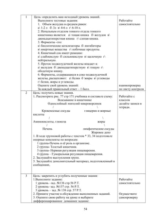 1 Цель: определить ваш исходный уровень знаний.
Выполните тестовые задания:
1. Объем желудка в среднем равен:
а 1-2 л б 3л в 4-6 л г 6-10 л.
2. Начальным отделом тонкого отдела тонкого
кишечника является: а тощая кишка б желудок в
двенадцатиперстная кишка г слепая кишка.
3. Ферменты -это:
а биологические катализаторы б ингибиторы
в инертные вещества г побочные продукты.
4. Кишечный сок имеет реакцию:
а слабокислую б сильнокислую в щелочную г
нейтральную.
5. Проток поджелудочной железы впадает в:
а желудок б двенадцатиперстную в тощую г
ободочную кишку.
6. Ферменты, содержащиеся в соке поджелудочной
железы, расщепляют: а белки б жиры в углеводы
г белки, жиры и углеводы.
Оцените свой уровень знаний:
За каждый правильный ответ – 1 балл.
Работайте
самостоятельно
взаимопроверка
по листу контроля
2 Цель: получить новые знания.
1. Рассмотрите рис. 77 стр 171 учебника и составьте схему:
Всасывание в кишечнике
Однослойный эпителий микроворсинок
/ 
Кровеносные сосуды глицерин и жирные
кислоты
/ 
Аминокислоты, глюкоза жиры
/ 
Печень лимфатические сосуды
Жировое депо
1. В ходе групповой работы с текстом * 33, 34 подготовьте
опорные конспекты по вопросам:
1 группа-Печень и её роль в организме.
2 группа- Толстый кишечник.
3 группа- Нервная регуляция пищеварения.
4 группа – Гуморальная регуляция пищеварения.
2. Заслушайте выступления групп.
3. Заслушайте дополнительный материал, подготовленный в
сообщениях.
Работайте с
классом
делайте записи в
тетради.
3 Цель: закрепить и углубить полученные знания:
1.Выполните задание:
1 уровень –зад. №136 стр.56 Р.Т.
2 уровень- зад. №137 стр. 56 Р.Т.
3 уровень – зад. № 138 стр. 57 Р.Т.
2. Примите участие в обсуждении выполненных заданий.
3. Оцените свою работу на уроке и выберите
дифференцированное домашнее задание:
Работайте
самостоятельно
Осуществите
самопроверку
54
 
