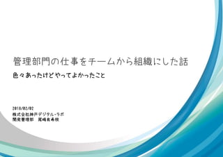 2018/02/02
株式会社神戸デジタル・ラボ
開発管理部 尾崎有希枝
管理部門の仕事をチームから組織にした話
色々あったけどやってよかったこと
 