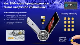 Как SIM-карта превращается в
самое надежное хранилище
SIM Card
Micro SIM
Nano SIM
Microchip adaptivity
Sufficient card requirements:
• GlobalPlatform Card Specification
Version 2.2.1 with Amendment A
• JavaCard 3.0.1, JavaCard 3.0.4
• SIMToolKit API (sim.access,
sim.toolkit)
 