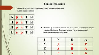Б р а Т И
П р а Т И
Д р а Т И
Т е р Т И
Вправи-кросворди
Р У К А
У Д А Р
К А В А
А Р А Б
 Впишіть у квадрати слова, що складаютьс з чотирьох звуків
так, щоб їх можна було прочитати у вертикальному і
горизонтальному напрямках.
 Впишіть букви, які утворюють слова, що відрізняються
тільки одним звуком
 