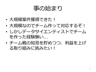 事の始まり
• 大規模案件獲得できた！
• 大規模なのでチーム作って対応するぞ！
• しかしデータサイエンティストでチーム
を作った経験無い…
• チーム戦の知見を貯めつつ、利益を上げ
る取り組みに挑みたい！
3
 