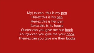 My( ex:can this is my pen
His(ex:this is his pen
Her(ex:this is her pen
Its(ex:this is its house
Our(ex:can you give me our book
Your(ex:can you give me your book
Their(ex:can you give me their books
 