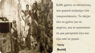 Τήνος
Βωλάξ
Κάθε χρόνο, οι οικογένειες
του χωριού αγόραζαν ένα
γουρουνόπουλο. Το τάιζαν
όλο το χρόνο για να
παχύνει, και το κρατούσαν
σε μια μαντρισιά λίγο πιο
έξω από το χωριό.
36
 