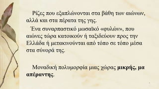Ρίζες που εξαπλώνονται στα βάθη των αιώνων,
αλλά και στα πέρατα της γης.
Ένα συναρπαστικό μωσαϊκό «φυλών», που
αιώνες τώρα κατοικούν ή ταξιδεύουν προς την
Ελλάδα ή μετακινούνται από τόπο σε τόπο μέσα
στα σύνορά της.
Μοναδική πολυμορφία μιας χώρας μικρής, μα
απέραντης.
4
 