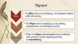 Ήθη
• Τα ήθη είναι οι αντιλήψεις, «οι άγραφοι νόμοι»
κάθε κοινωνίας.
Έθιμα
• Τα έθιμα είναι οι πράξεις με τις οποίες
εκφράζονται οι αντιλήψεις αυτές.
Παραδόσεις
• Όταν τα έθιμα επαναλαμβάνονται σταθερά
από γενιά σε γενιά, δημιουργούνται
οι παραδόσεις.
Ορισμοί
6
 