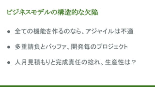 ビジネスモデルの構造的な欠陥
● 全ての機能を作るのなら、アジャイルは不適
● 多重請負とバッファ、開発毎のプロジェクト
● 人月見積もりと完成責任の捻れ、生産性は？
 