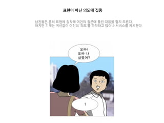 ?
표현이 아닌 의도에 집중
남친들은 흔히 표현에 집착해 여친의 질문에 틀린 대응을 할지 모른다.
하지만 기계는 귀신같이 여친의 ‘의도’를 파악하고 답이나 서비스를 제시한다.
 