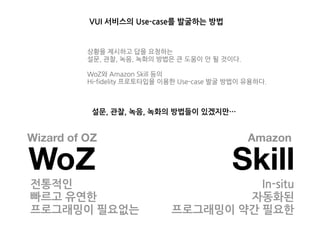 WoZ Skill
Wizard of OZ Amazon
VUI 서비스의 Use-case를 발굴하는 방법
전통적인
빠르고 유연한
프로그래밍이 필요없는
In-situ
자동화된
프로그래밍이 약간 필요한
설문, 관찰, 녹음, 녹화의 방법들이 있겠지만…
상황을 제시하고 답을 요청하는
설문, 관찰, 녹음, 녹화의 방법은 큰 도움이 안 될 것이다.
WoZ와 Amazon Skill 등의
Hi-fidelity 프로토타입을 이용한 Use-case 발굴 방법이 유용하다.
 