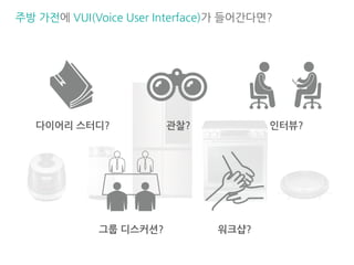 다이어리 스터디? 관찰? 인터뷰?
그룹 디스커션? 워크샵?
주방 가전에 VUI(Voice User Interface)가 들어간다면?
 