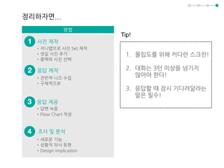 정리하자면...
방법
1
2
3
•저니맵으로 사진 Set 제작
•샛길 사진 추가
•중맥락 사진 선택
•전반적 니즈 수집
•구체적으로
•답변 녹음
•Flow Chart 작성
사진 제작
응답 제작
응답 제공
4
•새로운 기능
•상황적 의사 표현
•Design implication
조사 및 분석
Tip!
1. 몰입도를 위해 커다란 스크린! 
2. 대화는 3턴 이상을 넘기지  
않아야 한다!
3. 응답할 때 잠시 기다려달라는
말은 필수!
 