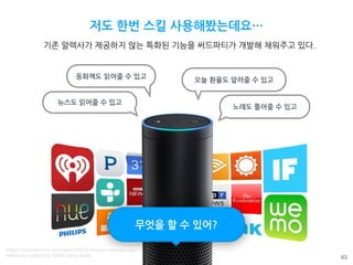 63
저도 한번 스킬 사용해봤는데요…
노래도 틀어줄 수 있고
뉴스도 읽어줄 수 있고
동화책도 읽어줄 수 있고
오늘 환율도 알려줄 수 있고
무엇을 할 수 있어?
https://mysmahome.com/news/33876/amazon-reaches-new-
milestone-collecting-10000-alexa-skills/
기존 알렉사가 제공하지 않는 특화된 기능을 써드파티가 개발해 채워주고 있다.
 