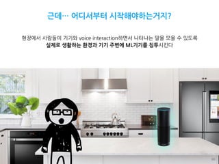 근데… 어디서부터 시작해야하는거지?
현장에서 사람들이 기기와 voice interaction하면서 나타나는 말을 모을 수 있도록
실제로 생활하는 환경과 기기 주변에 ML기기를 침투시킨다
68
 