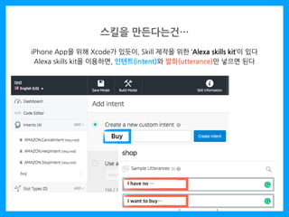 스킬을 만든다는건…
iPhone App을 위해 Xcode가 있듯이, Skill 제작을 위한 ‘Alexa skills kit’이 있다
Alexa skills kit을 이용하면, 인텐트(intent)와 발화(utterance)만 넣으면 된다
I want to buy…
Buy
I have no …
 