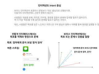 인터액션도 Intent 중심
전통적 인터페이스에서는
목표를 객체와 명령으로 분해
보이스 인터액션에서는
목표 또는 문제나 상황을 말함
버튼 스트림: 엄마에게 문자 보라고 문자해줘
문자 좀 봐 엄마, 문자!
문자 읽어!
보이스 인터액션이 표현이나 문법보다 ‘의도’ 중심으로 진행된다면,
사용자의 인터액션에도 근본적 변화가 생긴다.
사람들은 작동을 위해, 아이콘, 타이핑, 명령을 일일이 분해해 입력할 필요가 없어진다.
즉 더 이상 ‘목표’를 수행 절차로 분해할 필요가 없어진 것이다.
대신, 사람들은 목표를 담은 느슨하고 자연스런 구어 중심의 발화나 대화를 통해 명령을 실행할 수 있
목표: 엄마에게 문자 보냄 ‘문자 읽어’
 