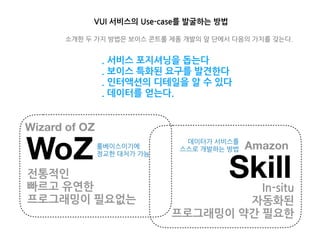 WoZ
Skill
Wizard of OZ
Amazon
VUI 서비스의 Use-case를 발굴하는 방법
. 서비스 포지셔닝을 돕는다
. 보이스 특화된 요구를 발견한다
. 인터액션의 디테일을 알 수 있다
. 데이터를 얻는다.
소개한 두 가지 방법은 보이스 콘트롤 제품 개발의 앞 단에서 다음의 가치를 갖는다.
데이터가 서비스를
스스로 개발하는 방법룰베이스이기에
정교한 대처가 가능
전통적인
빠르고 유연한
프로그래밍이 필요없는
In-situ
자동화된
프로그래밍이 약간 필요한
 