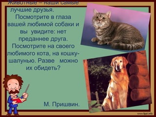 Животные – наши самые
лучшие друзья.
Посмотрите в глаза
вашей любимой собаки и
вы увидите: нет
преданнее друга.
Посмотрите...
