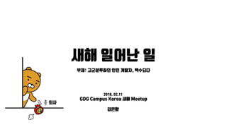 새해 일어난 일
퇴사
부제: 고군분투하던 인턴 개발자, 백수되다
2018. 02.11
GDG Campus Korea 새해 Meetup
김은향
 