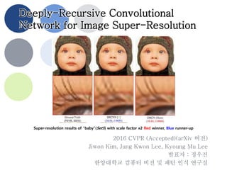 Deeply-Recursive Convolutional
Network for Image Super-Resolution
2016 CVPR (Accepted)(arXiv 버전)
Jiwon Kim, Jung Kwon Lee, Kyoung Mu Lee
발표자 : 정우진
한양대학교 컴퓨터 비전 및 패턴 인식 연구실
Super-resolution results of “baby”(Set5) with scale factor x2 Red winner, Blue runner-up
 