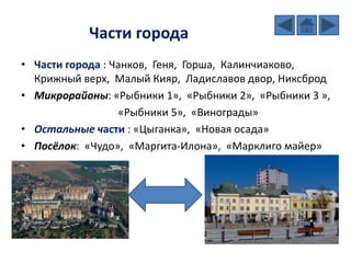 Части города
• Части города : Чанков, Геня, Горша, Калинчиаково,
Крижный вeрх, Малый Кияр, Ладиславов двор, Никсброд
• Микрорайоны: «Рыбники 1», «Рыбники 2», «Рыбники 3 »,
«Рыбники 5», «Винограды»
• Остальные части : «Цыганка», «Новая осада»
• Посёлок: «Чудo», «Маргита-Илона», «Марклиго майер»
 