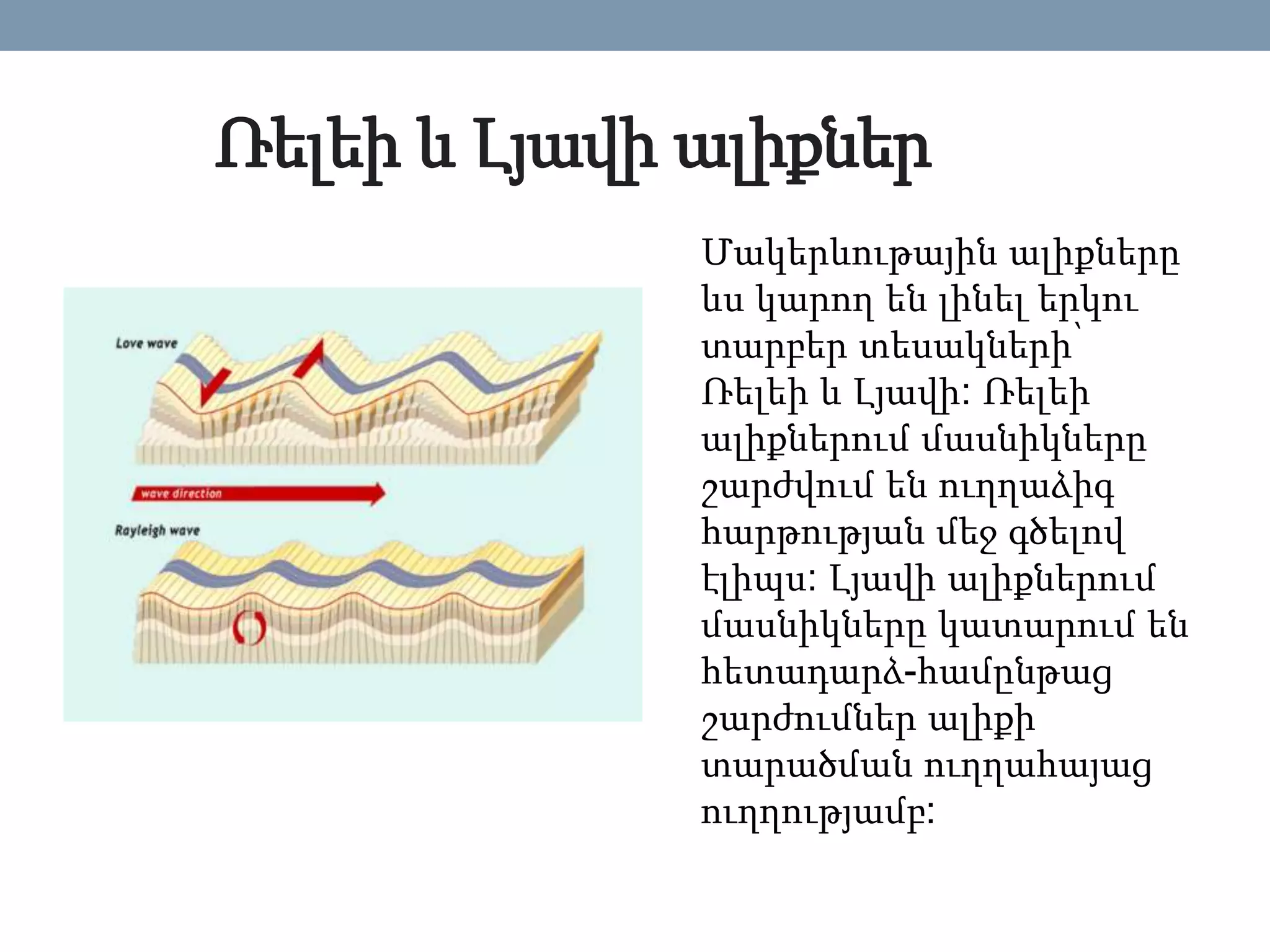 Ռելեի և Լյավի ալիքներ
Մակերևութային ալիքները
ևս կարող են լինել երկու
տարբեր տեսակների՝
Ռելեի և Լյավի: Ռելեի
ալիքներում մասնիկները
շարժվում են ուղղաձիգ
հարթության մեջ գծելով
էլիպս: Լյավի ալիքներում
մասնիկները կատարում են
հետադարձ-համընթաց
շարժումներ ալիքի
տարածման ուղղահայաց
ուղղությամբ:
 