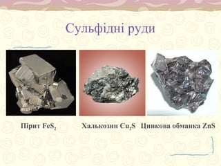 Сульфідні руди
Пірит FeS2 Халькозин Сu2S Цинкова обманка ZnS
 