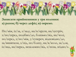 Записати прийменники у три колонки:
а) разом; б) через дефіс; в) окремо.
По/між, із/за, з/заду, на/в/круги, на/зустріч,
з/по/серед, подібно/до, близько/від, на/чолі,
по/серед, з/по/між, у/супереч, відповідно/до,
за/винятком, з/під, по/близу, на/в/коло, за/для,
із/над, на/перед, незалежно/від, з/поза, згідно/з.
 