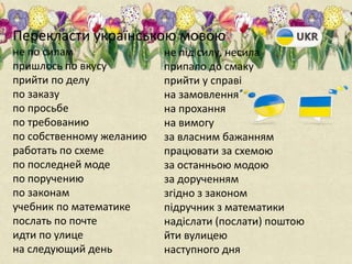 Перекласти українською мовою
не по силам
пришлось по вкусу
прийти по делу
по заказу
по просьбе
по требованию
по собственному желанию
работать по схеме
по последней моде
по поручению
по законам
учебник по математике
послать по почте
идти по улице
на следующий день
не під силу, несила
припало до смаку
прийти у справі
на замовлення
на прохання
на вимогу
за власним бажанням
працювати за схемою
за останньою модою
за дорученням
згідно з законом
підручник з математики
надіслати (послати) поштою
йти вулицею
наступного дня
 