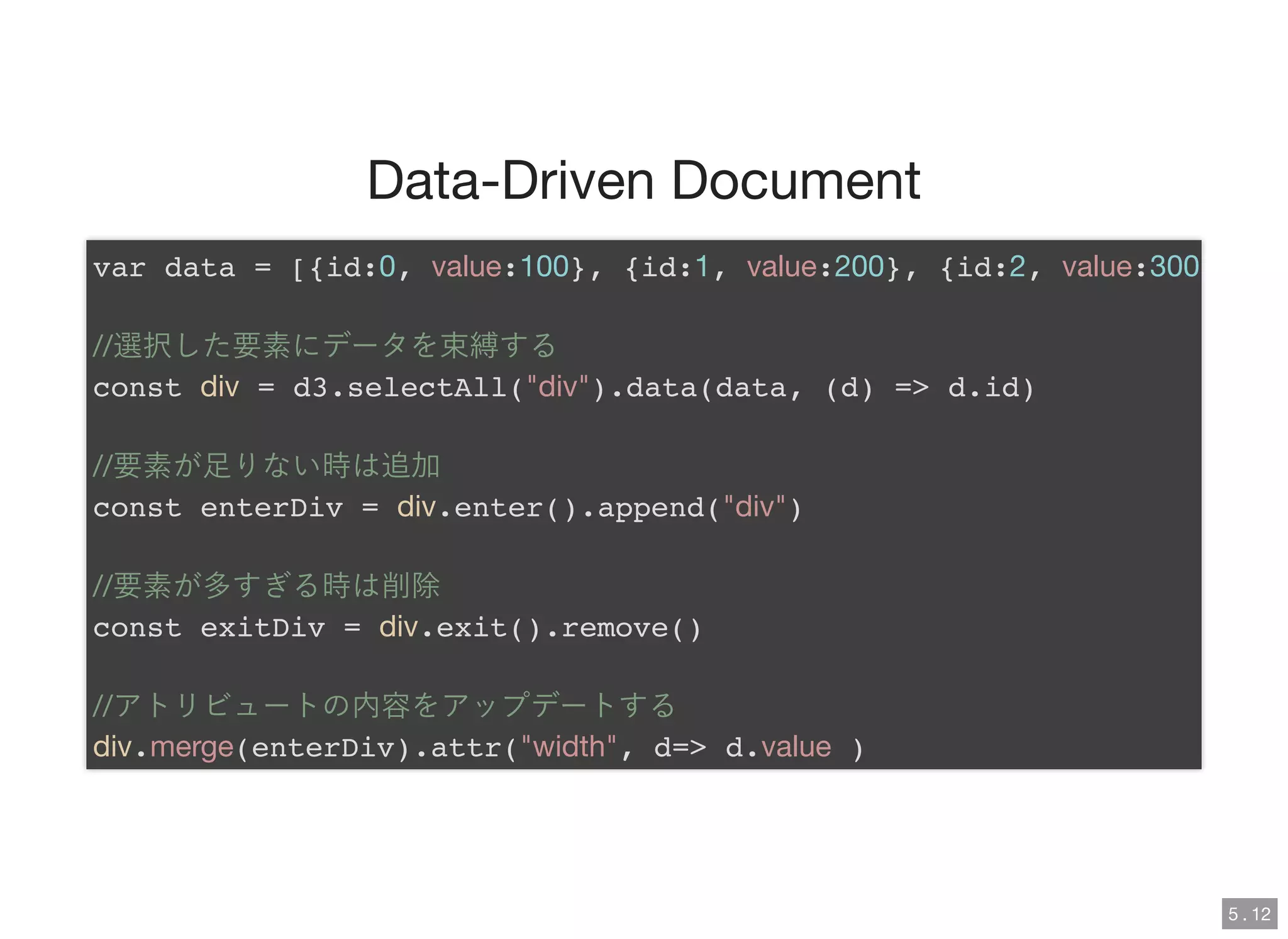 Data-Driven Document
var data = [{id:0, value:100}, {id:1, value:200}, {id:2, value:300
//選択した要素にデータを束縛する
const div = d3.selectAll("div").data(data, (d) => d.id)
//要素が足りない時は追加
const enterDiv = div.enter().append("div")
//要素が多すぎる時は削除
const exitDiv = div.exit().remove()
//アトリビュートの内容をアップデートする
div.merge(enterDiv).attr("width", d=> d.value )
5 . 12
 