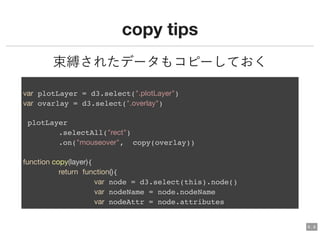 copy tipscopy tips
束縛されたデータもコピーしておく
var plotLayer = d3.select(".plotLayer")
var ovarlay = d3.select(".overlay")
plotLayer
.selectAll("rect")
.on("mouseover", copy(overlay))
function copy(layer){
return function(){
var node = d3.select(this).node()
var nodeName = node.nodeName
var nodeAttr = node.attributes
6 . 6
 