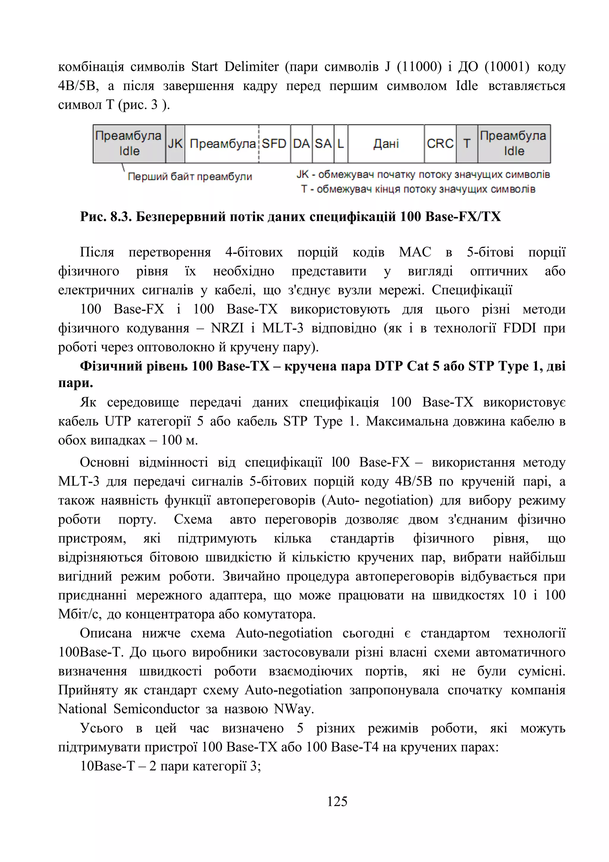 125
комбінація символів Start Delimiter (пари символів J (11000) і ДО (10001) коду
4В/5В, а після завершення кадру перед першим символом Idle вставляється
символ Т (рис. 3 ).
Рис. 8.3. Безперервний потік даних специфікацій 100 Base-FX/ТХ
Після перетворення 4-бітових порцій кодів MAC в 5-бітові порції
фізичного рівня їх необхідно представити у вигляді оптичних або
електричних сигналів у кабелі, що з'єднує вузли мережі. Специфікації
100 Base-FX і 100 Base-TX використовують для цього різні методи
фізичного кодування – NRZI і MLT-3 відповідно (як і в технології FDDI при
роботі через оптоволокно й кручену пару).
Фізичний рівень 100 Base-TX – кручена пара DTP Cat 5 або STP Type 1, дві
пари.
Як середовище передачі даних специфікація 100 Base-TX використовує
кабель UTP категорії 5 або кабель STP Type 1. Максимальна довжина кабелю в
обох випадках – 100 м.
Основні відмінності від специфікації l00 Base-FX – використання методу
MLT-3 для передачі сигналів 5-бітових порцій коду 4В/5В по крученій парі, а
також наявність функції автопереговорів (Auto- negotiation) для вибору режиму
роботи порту. Схема авто переговорів дозволяє двом з'єднаним фізично
пристроям, які підтримують кілька стандартів фізичного рівня, що
відрізняються бітовою швидкістю й кількістю кручених пар, вибрати найбільш
вигідний режим роботи. Звичайно процедура автопереговорів відбувається при
приєднанні мережного адаптера, що може працювати на швидкостях 10 і 100
Мбіт/с, до концентратора або комутатора.
Описана нижче схема Auto-negotiation сьогодні є стандартом технології
100Base-T. До цього виробники застосовували різні власні схеми автоматичного
визначення швидкості роботи взаємодіючих портів, які не були сумісні.
Прийняту як стандарт схему Auto-negotiation запропонувала спочатку компанія
National Semiconductor за назвою NWay.
Усього в цей час визначено 5 різних режимів роботи, які можуть
підтримувати пристрої 100 Base-TX або 100 Base-T4 на кручених парах:
10Base-T – 2 пари категорії 3;
 