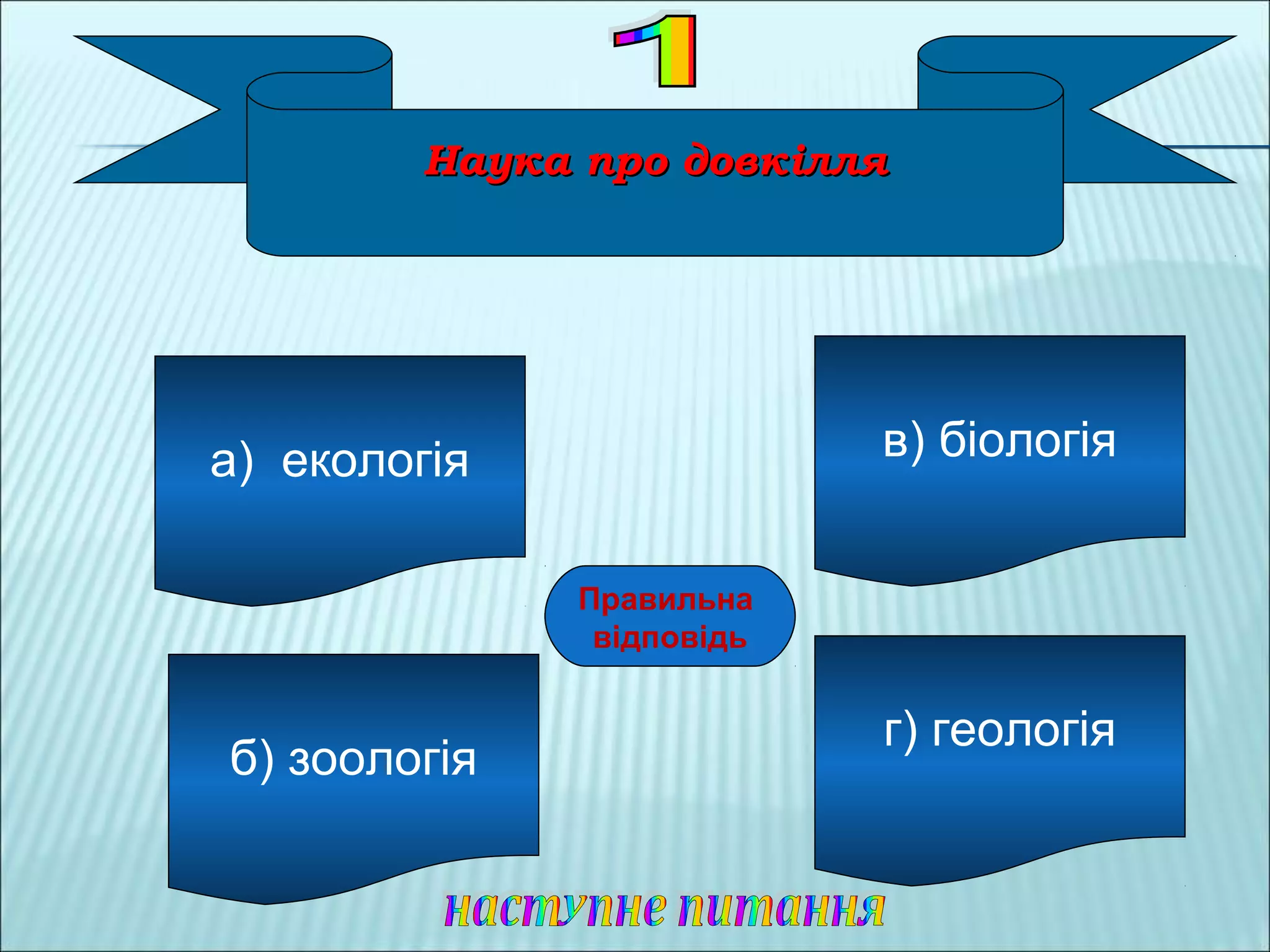 Наука про довкілляНаука про довкілля
а) екологія
б) зоологія
г) геологія
в) біологія
АА
Правильна
відповідь
 