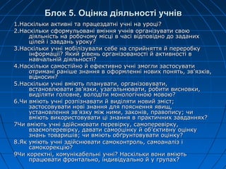 Блок 5. Оцінка діяльності учнівБлок 5. Оцінка діяльності учнів
1.Наскільки активні та працездатні учні на уроці?1.Наскільки активні та працездатні учні на уроці?
2.Наскільки сформульовані вміння учнів організувати свою2.Наскільки сформульовані вміння учнів організувати свою
діяльність на робочому місці в часі відповідно до заданихдіяльність на робочому місці в часі відповідно до заданих
цілей і завдань уроку?цілей і завдань уроку?
3.Наскільки учні мобілізували себе на сприйняття й переробку3.Наскільки учні мобілізували себе на сприйняття й переробку
інформації? Який рівень організованості й активності вінформації? Який рівень організованості й активності в
навчальній діяльності?навчальній діяльності?
4.Наскільки самостійно й ефективно учні змогли застосувати4.Наскільки самостійно й ефективно учні змогли застосувати
отримані раніше знання в оформленні нових понять, зв’язків,отримані раніше знання в оформленні нових понять, зв’язків,
відносин?відносин?
5.Наскільки учні вміють планувати, організовувати,5.Наскільки учні вміють планувати, організовувати,
встановлювати зв’язки, узагальнювати, робити висновки,встановлювати зв’язки, узагальнювати, робити висновки,
виділяти головне, володіти монологічною мовою?виділяти головне, володіти монологічною мовою?
6.Чи вміють учні розпізнавати й виділяти новий зміст;6.Чи вміють учні розпізнавати й виділяти новий зміст;
застосовувати нові знання для пояснення явищ,застосовувати нові знання для пояснення явищ,
установлення зв’язку між ними, законів, правопису; чиустановлення зв’язку між ними, законів, правопису; чи
вміють використовувати ці знання в практичних завданнях?вміють використовувати ці знання в практичних завданнях?
7Чи вміють учні здійснювати перевірку, самоперевірку,7Чи вміють учні здійснювати перевірку, самоперевірку,
взаємоперевірку, давати самооцінку й об’єктивну оцінкувзаємоперевірку, давати самооцінку й об’єктивну оцінку
знань товаришів; чи вміють обґрунтовувати оцінку?знань товаришів; чи вміють обґрунтовувати оцінку?
8.Як уміють учні здійснювати самоконтроль, самоаналіз і8.Як уміють учні здійснювати самоконтроль, самоаналіз і
самокорекцію?самокорекцію?
9Чи коректні, комунікабельні учні? Наскільки вони вміють9Чи коректні, комунікабельні учні? Наскільки вони вміють
працювати фронтально, індивідуально й у групах?працювати фронтально, індивідуально й у групах?
 