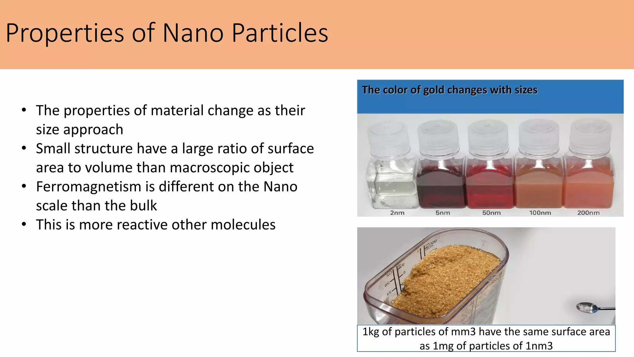 Properties of Nano Particles
• The properties of material change as their
size approach
• Small structure have a large ratio of surface
area to volume than macroscopic object
• Ferromagnetism is different on the Nano
scale than the bulk
• This is more reactive other molecules
1kg of particles of mm3 have the same surface area
as 1mg of particles of 1nm3
 