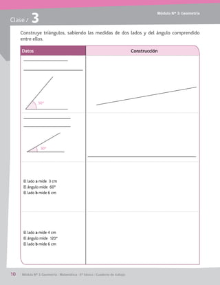 Módulo Nº 3: Geometría
10	 / Módulo Nº 3: Geometría / Matemática / 6° básico / Cuaderno de trabajo
Clase / 3
Construye triángulos, sabiendo las medidas de dos lados y del ángulo comprendido
entre ellos.
Datos Construcción
El lado a mide 3 cm
El ángulo mide  60°
El lado b mide 6 cm
El lado a mide 4 cm
El ángulo mide  120°
El lado b mide 6 cm
50º
30º
 