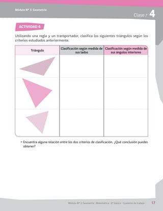 Módulo Nº 3: Geometría
Módulo Nº 3: Geometría / Matemática / 6° básico / Cuaderno de trabajo / 17
Clase / 4
ACTIVIDAD 6
Utilizando una regla y un transportador, clasifica los siguientes triángulos según los
criterios estudiados anteriormente.
Triángulo
Clasificación según medida de
sus lados
Clasificación según medida de
sus ángulos interiores
1
§§ Encuentra alguna relación entre los dos criterios de clasificación. ¿Qué conclusión puedes
obtener?
 