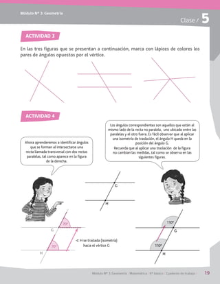 Módulo Nº 3: Geometría
Módulo Nº 3: Geometría / Matemática / 6° básico / Cuaderno de trabajo / 19
Clase / 5
ACTIVIDAD 3
ACTIVIDAD 4
En las tres figuras que se presentan a continuación, marca con lápices de colores los
pares de ángulos opuestos por el vértice.
G
H
Ahora aprenderemos a identificar ángulos
que se forman al intersectarse una
recta llamada transversal con dos rectas
paralelas, tal como aparece en la figura
de la derecha.
Los ángulos correspondientes son aquellos que están al
mismo lado de la recta no paralela, uno ubicado entre las
paralelas y el otro fuera. Es fácil observar que al aplicar
una isometría de traslación, el ángulo H queda en la
posición del ángulo G.
Recuerda que al aplicar una traslación  de la figura
no cambian las medidas, tal como se observa en las
siguientes figuras.
G
H
70º
70º
G
H
110º
110º
S H se traslada (isometría)
hacia el vértice G
 